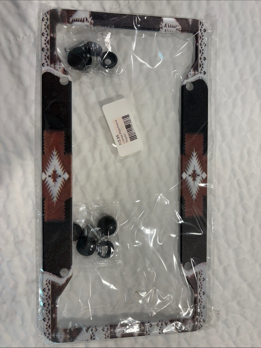 Decorative Brown Aztec License Plate Frame with Black Screws